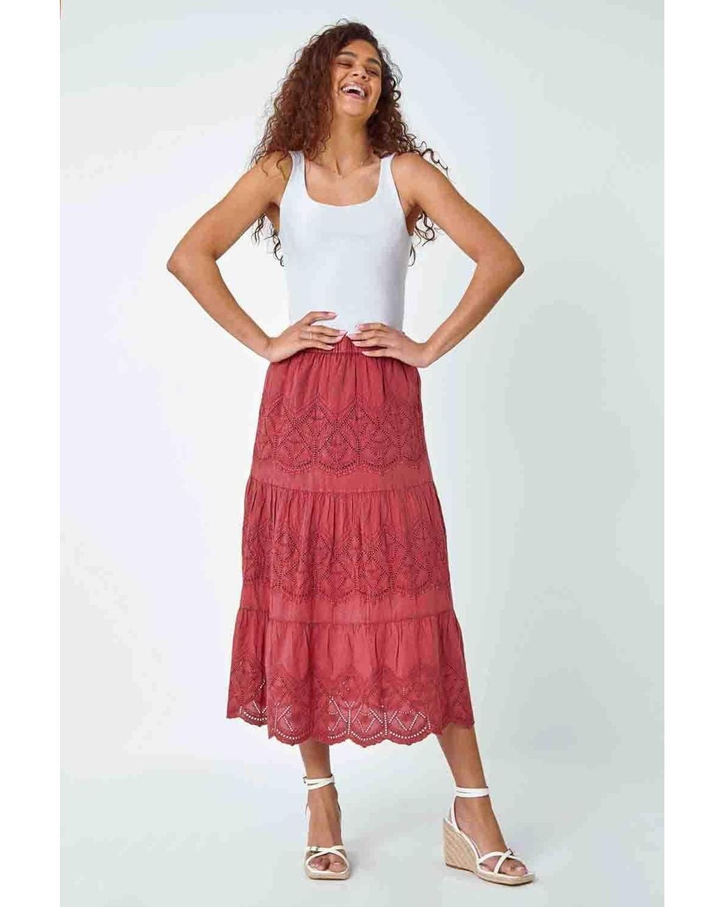 Roman Broderie Elastic Waist A Line Tiered Midi Skirt