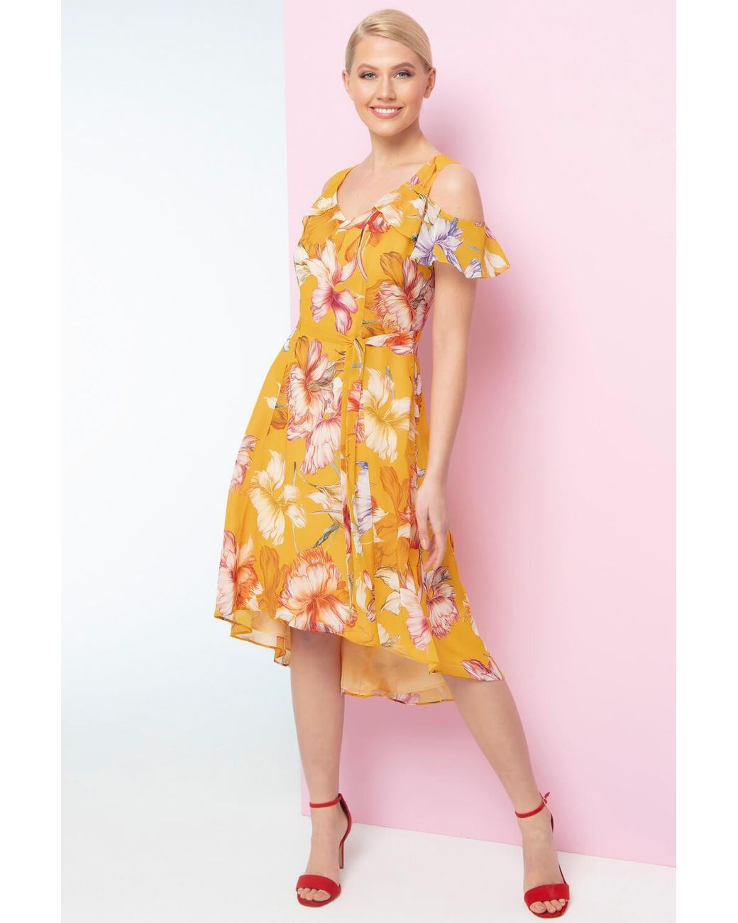 Roman Orange Floral Cold Shoulder Chiffon Hanky Hem Dress