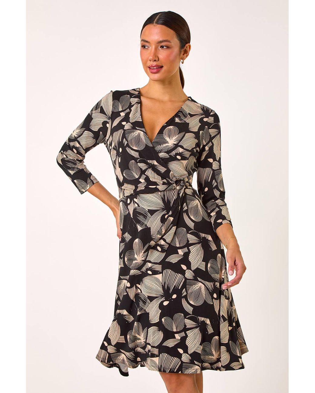 Roman Black Floral Print Wrap Front Stretch Dress