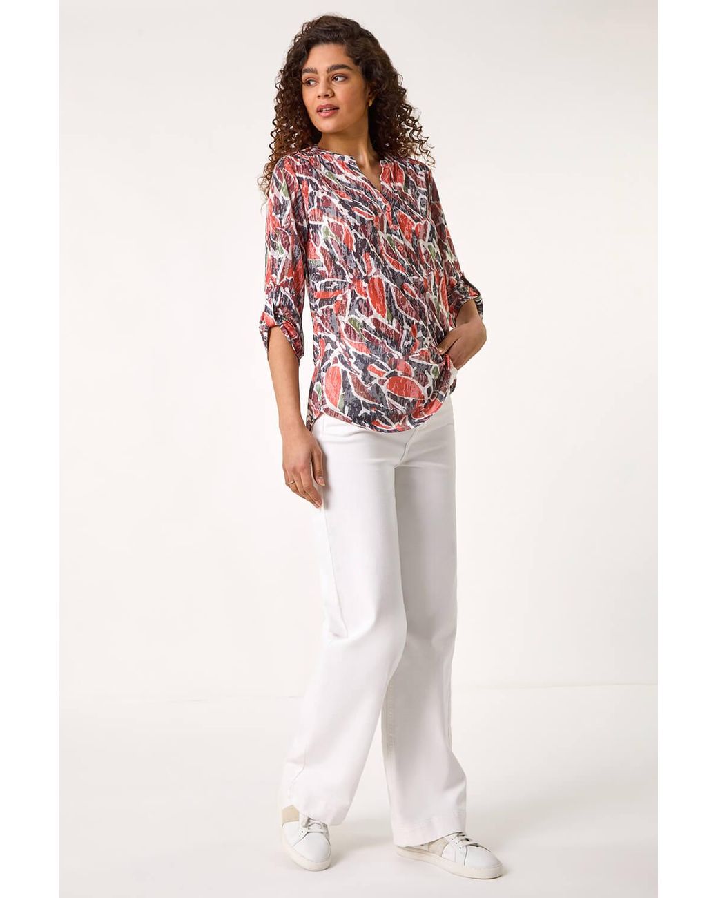 Roman Red Abstract Print Burnout V-Neck Shirt