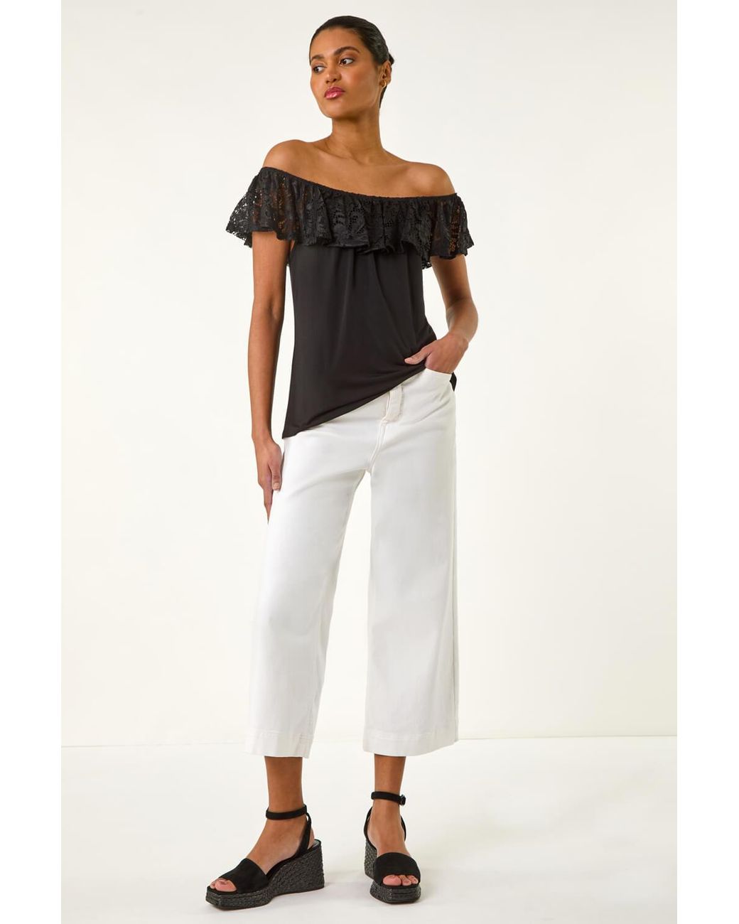 Roman Black Lace Trim Bardot Top