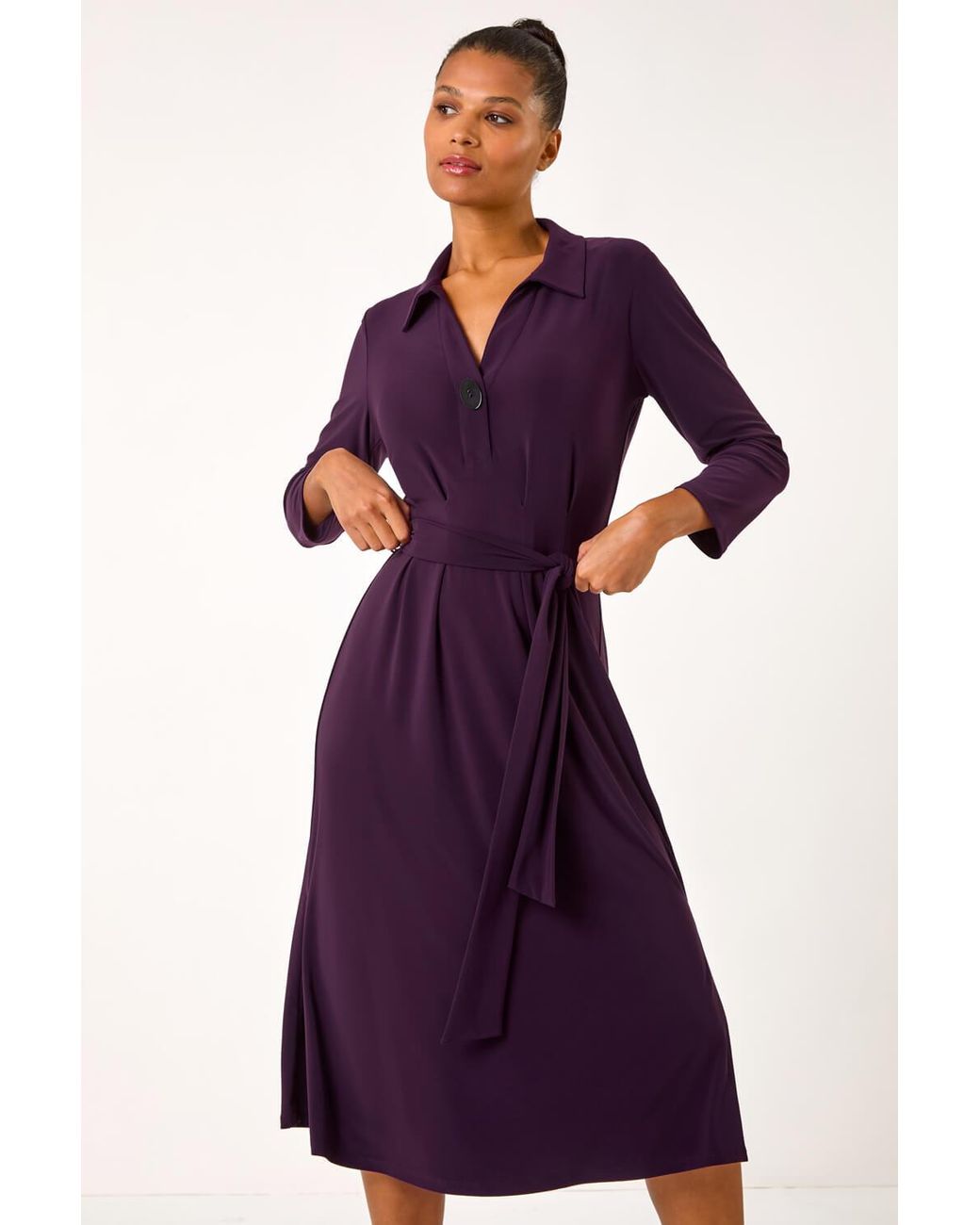 Roman Purple V-Neck Belted Shirt Midi Dress