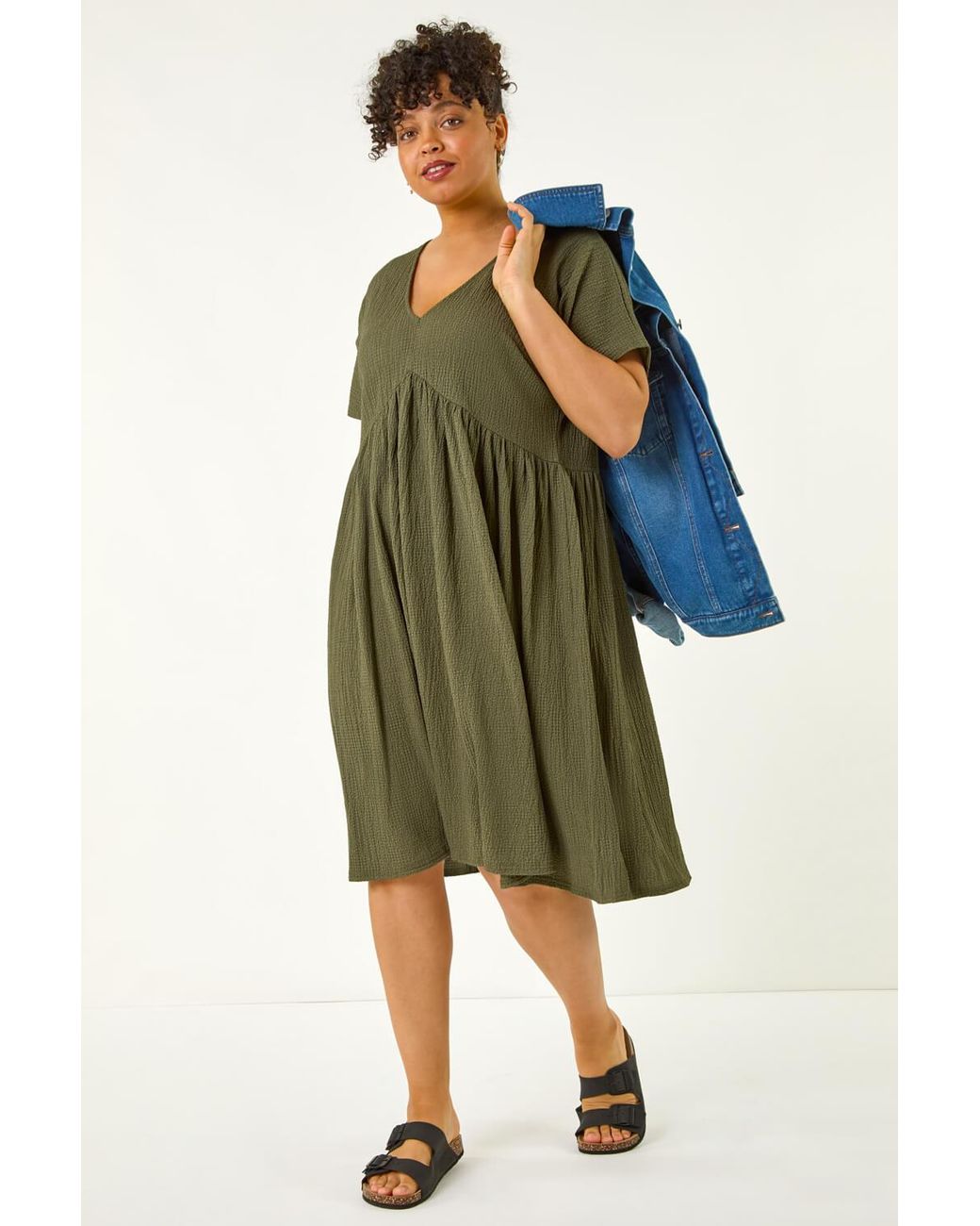 Roman Curve Green Textured V-Neck Stretch Dress