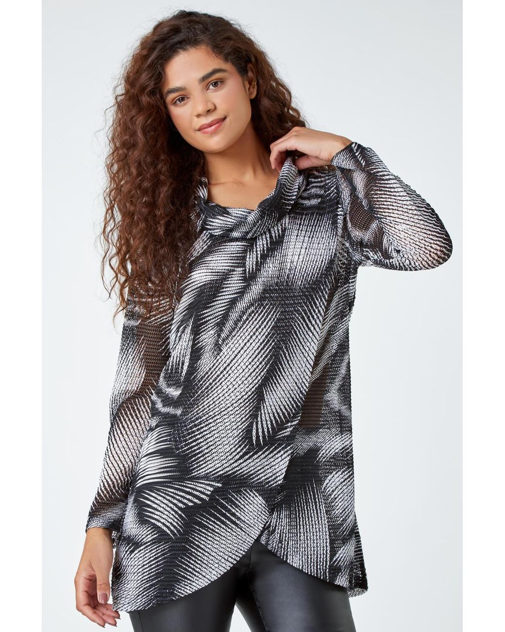 Roman Gray Abstract Print Cowl Neck Stretch Tunic Top