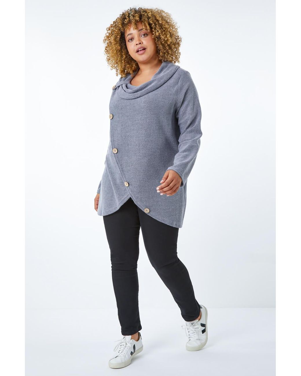 Roman Curve Blue Cowl Neck Button Wrap Top