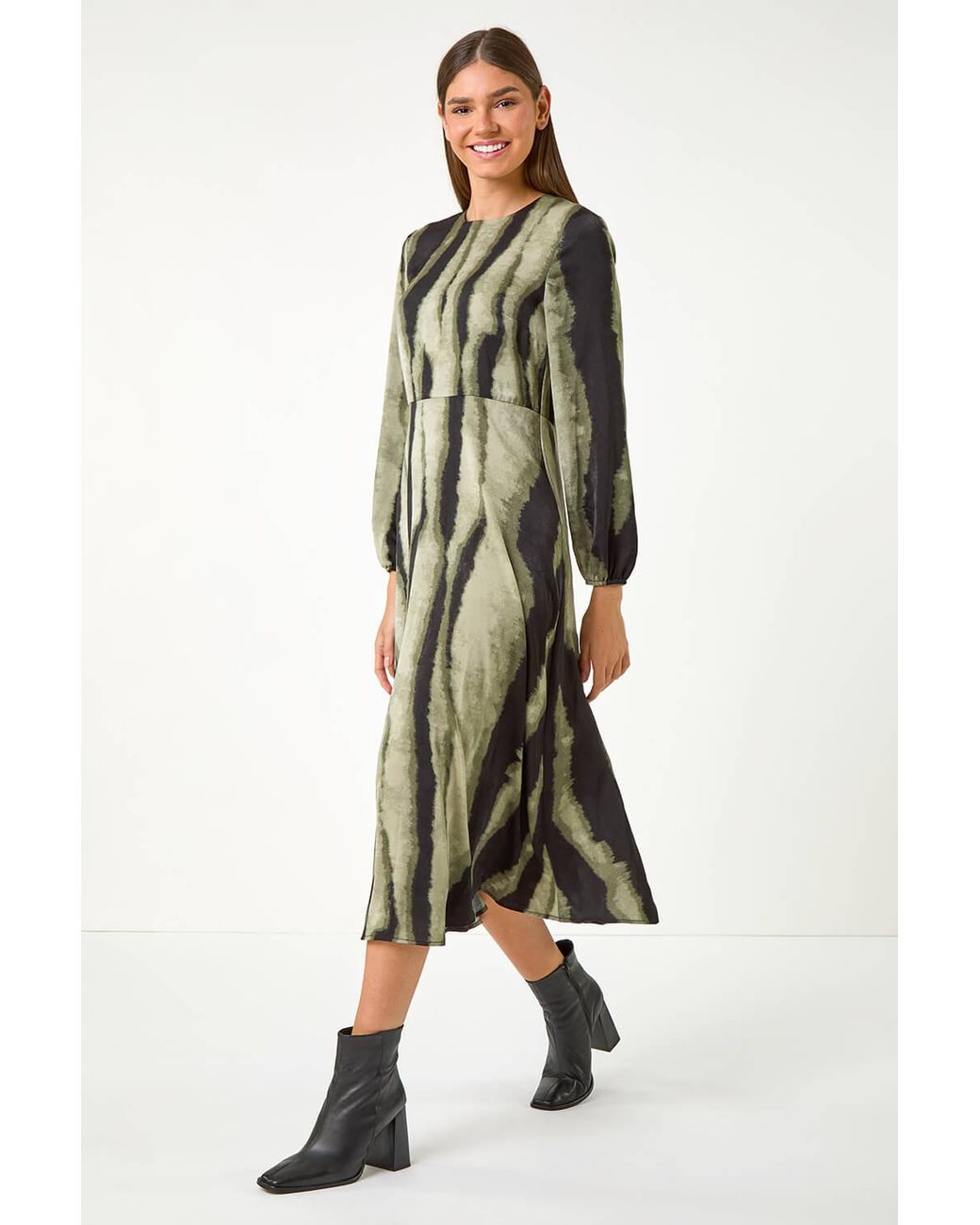 Roman Green Shadow Stripe Print Midi Dress