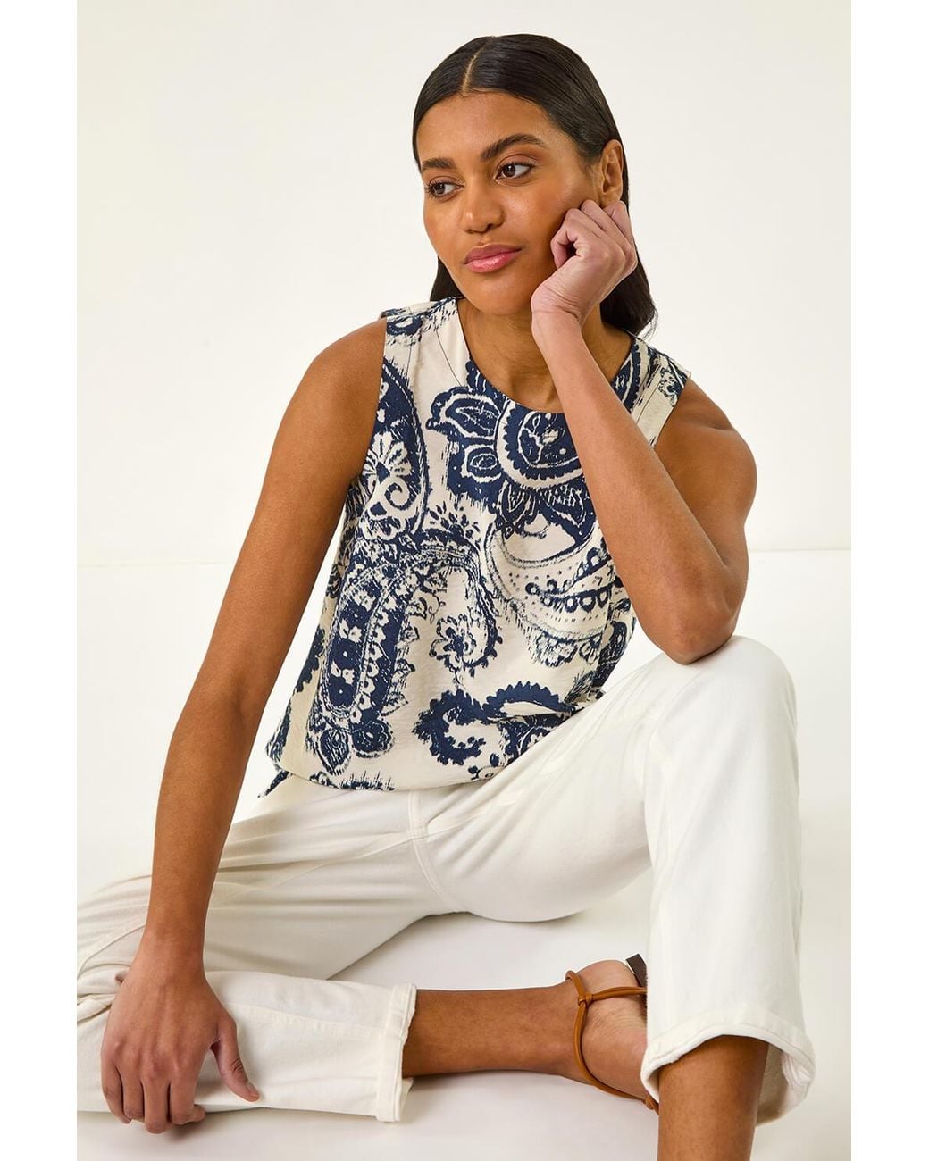 Roman Blue Paisley Print Shell Top
