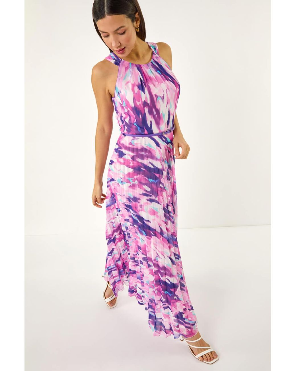 Roman Pink Blurred Print Pleated Maxi Dress