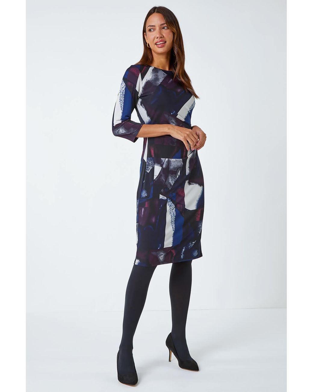 Roman Blue Abstract Ruched Pleat Detail Stretch Dress