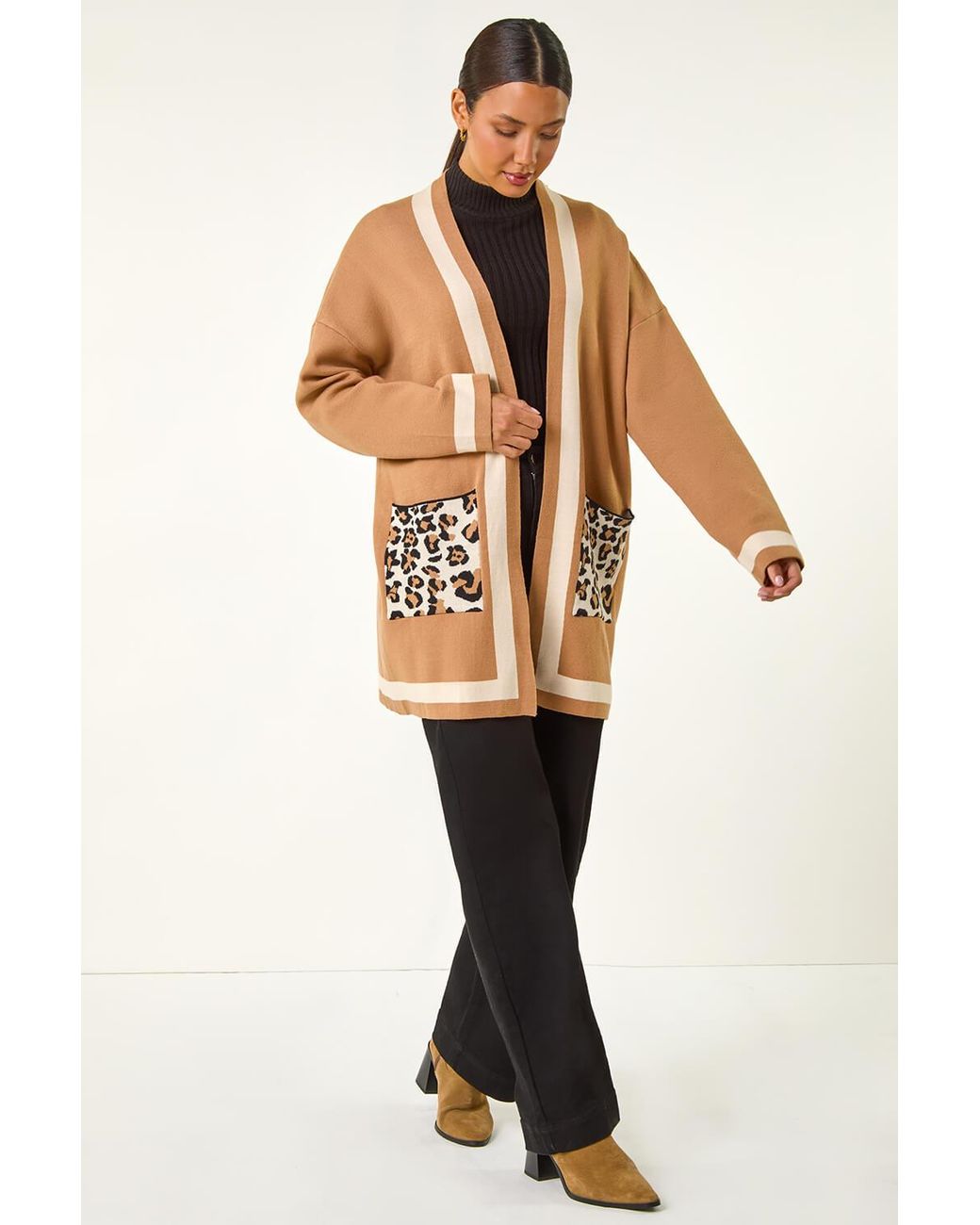 Roman Brown Animal Print Contrast Pocket Cardigan
