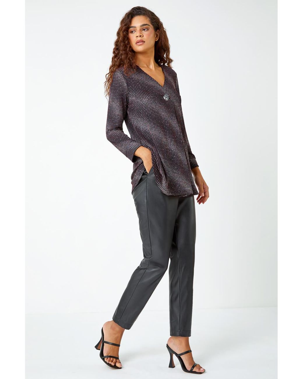 Roman Purple Shimmer Stripe Print V-Neck Tunic Top