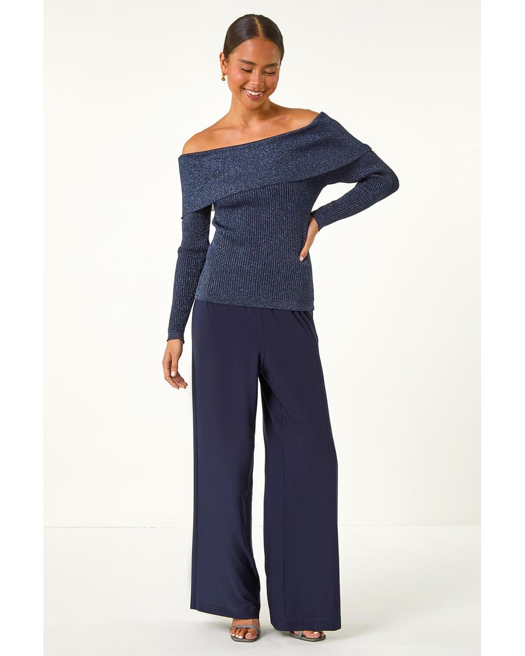 Roman Petite Blue Metallic Bardot Knit Top