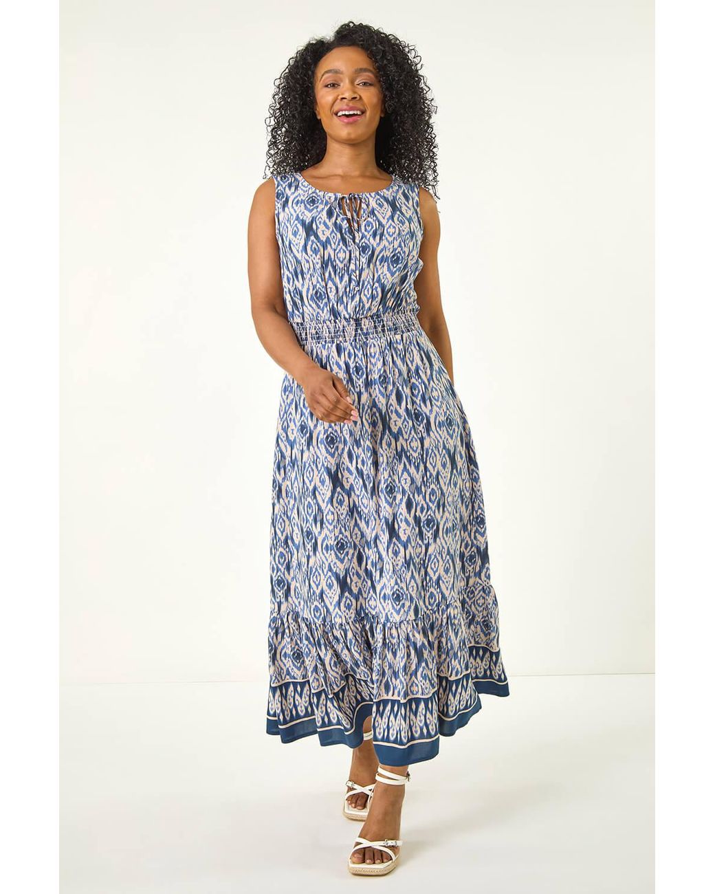 Roman Petite Blue Aztec Print Frill Midi Dress