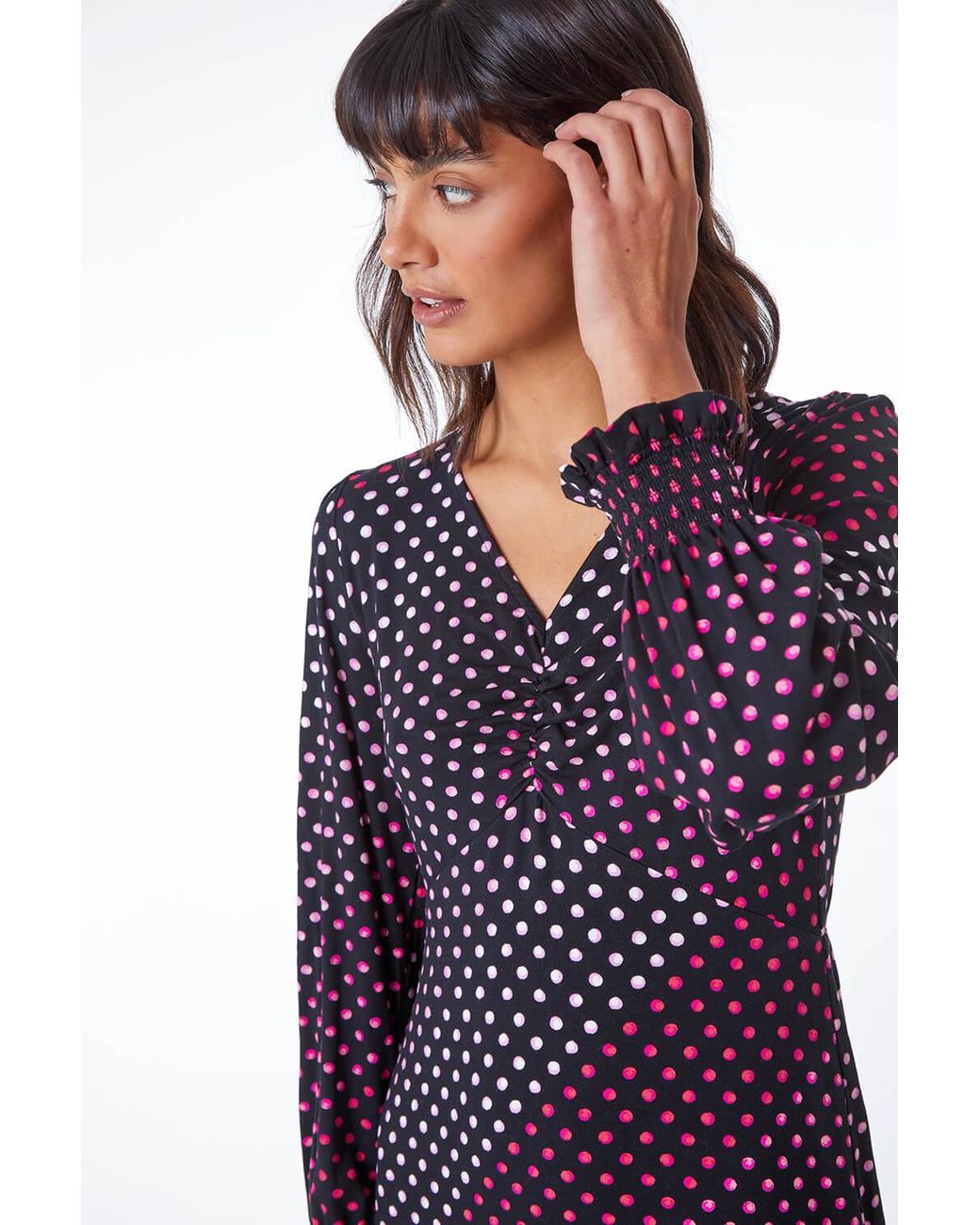 Roman Purple Spot Print Ruched Detail Stretch Dress