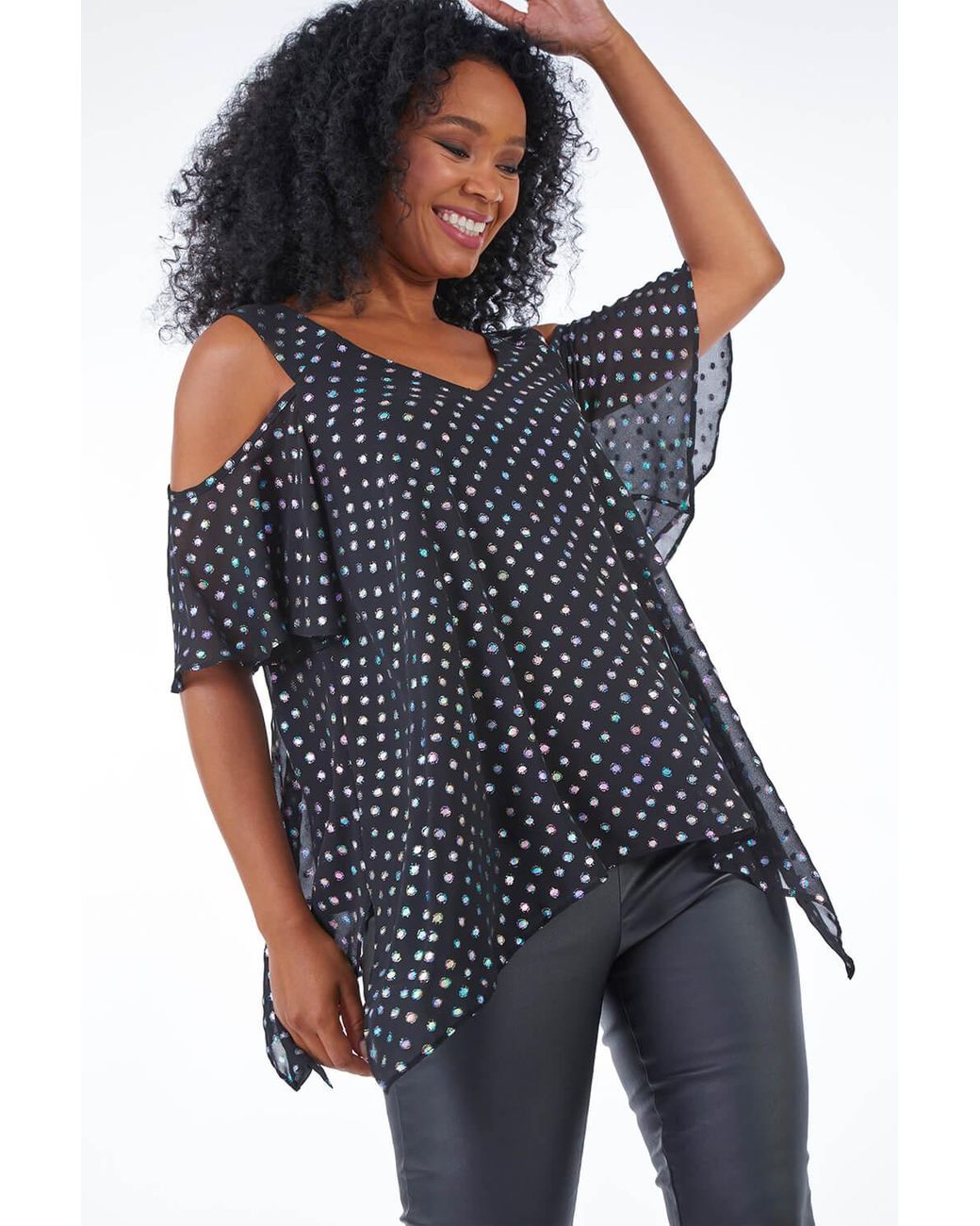 Roman Petite Black Metallic Spot Cold Shoulder Top