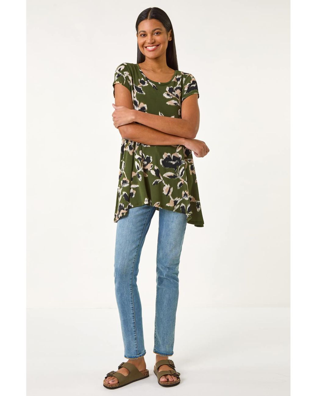 Roman Green Leaf Print Hanky Hem Tunic Top