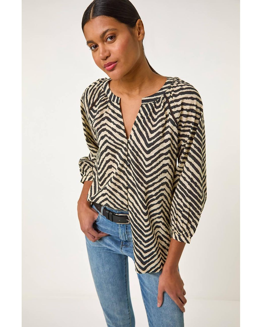 Roman Black Linear Print V-Neck Blouse