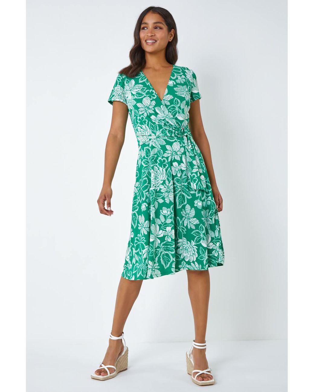 Roman Green Floral Print Stretch Wrap Dress