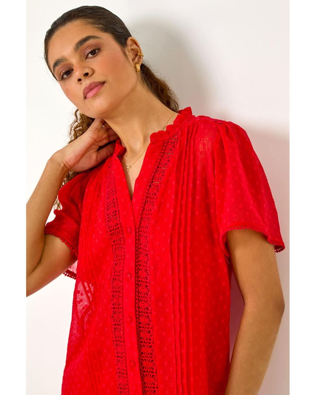 Roman Textured Spot Lace Trim Blouse