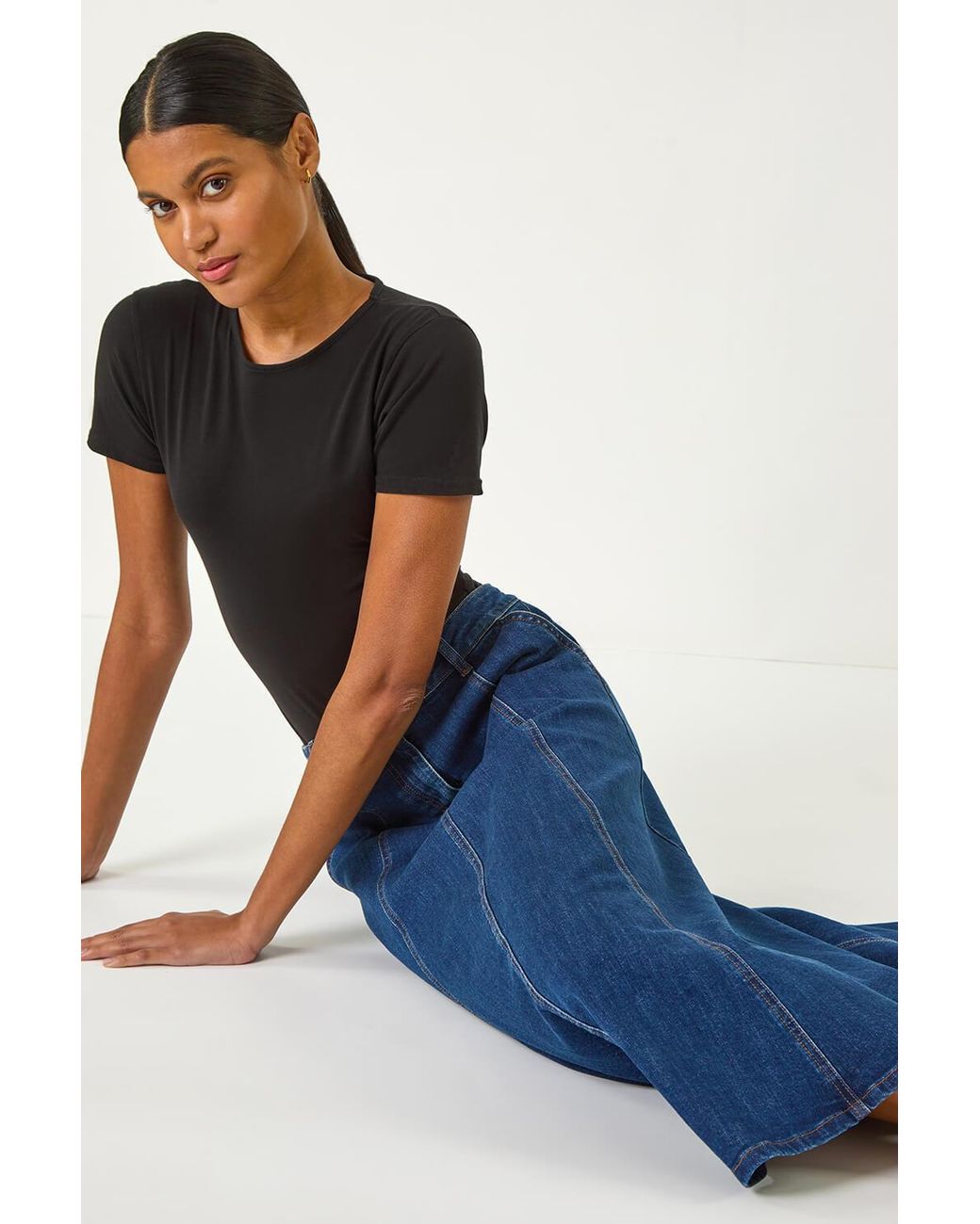 Roman Blue Cotton Denim Panelled Midi Skirt