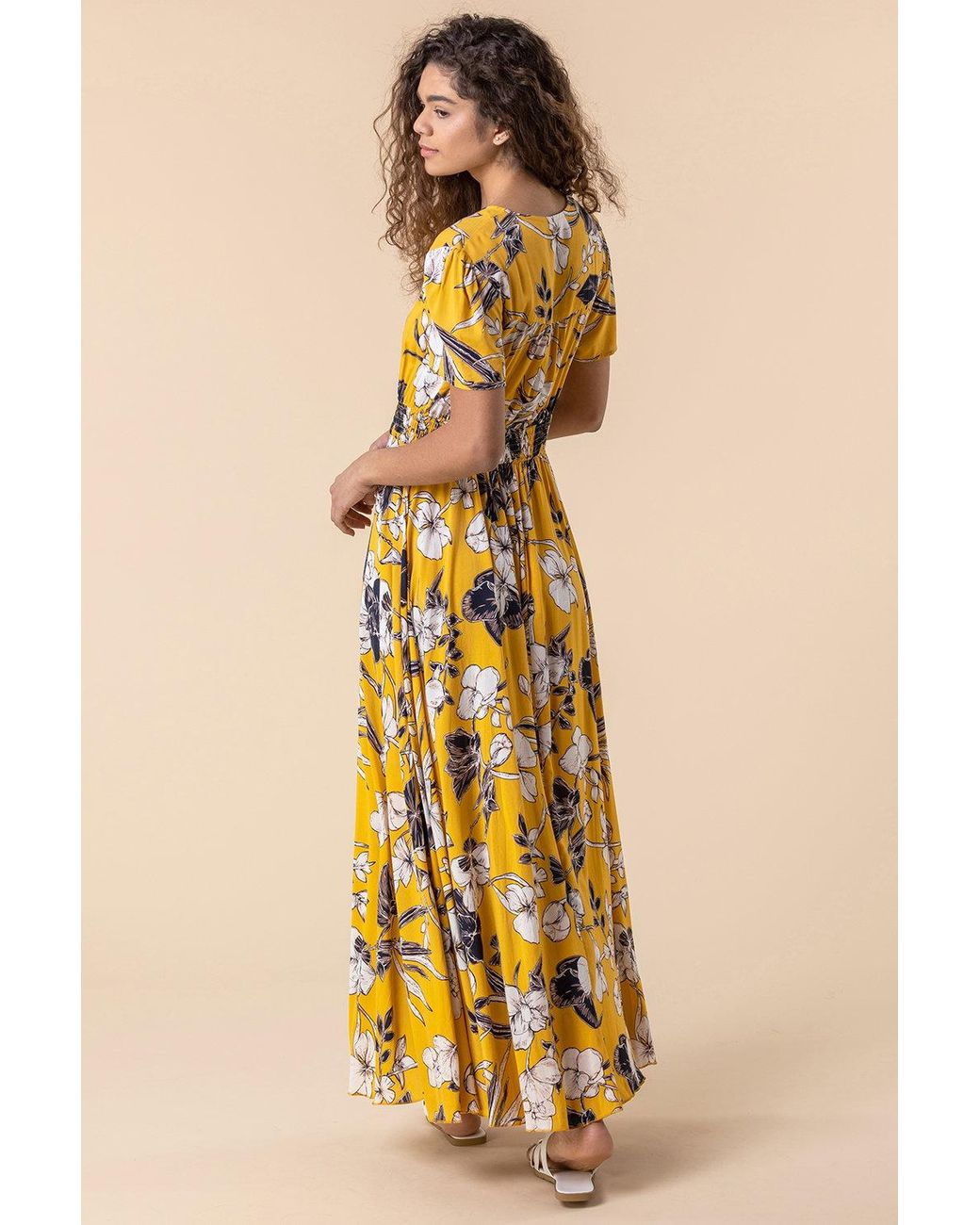 Roman Yellow Floral Print Shirred Waist Maxi Dress