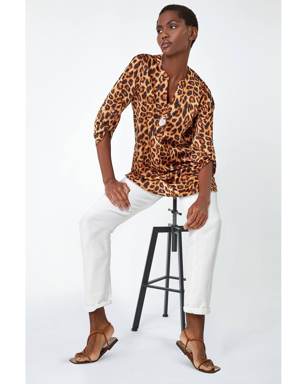 Roman White Animal Longline Button Detail V-Neck Blouse