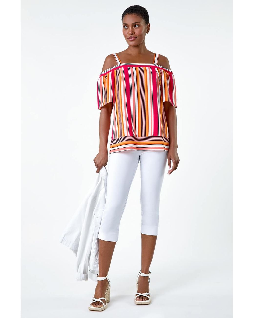 Roman Red Stripe Print Cold Shoulder Bardot Top