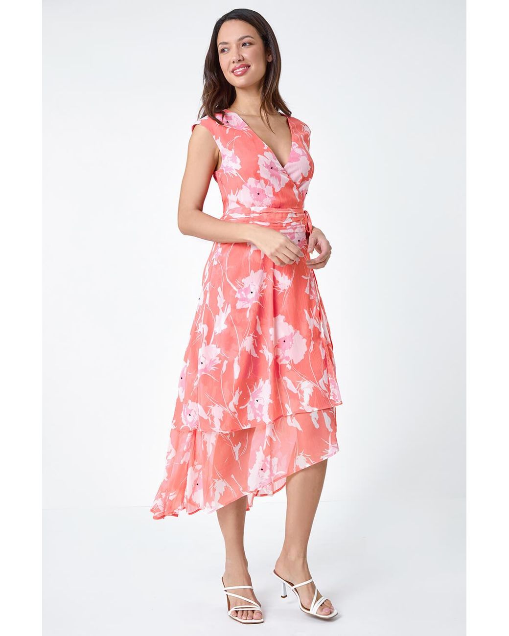 Roman Embellished Floral Print Tiered Midi Dress
