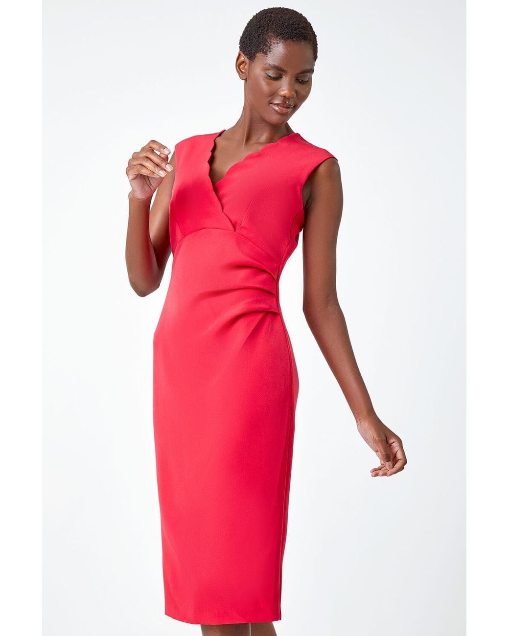 Roman Red Sleeveless Pleated Stretch Ruched Dress
