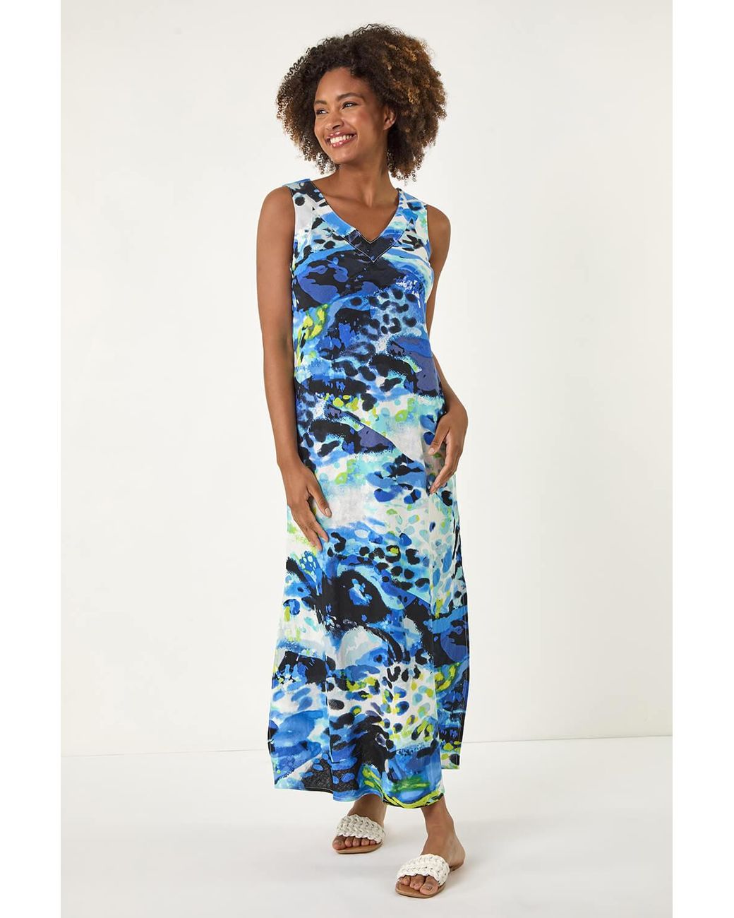 Roman Blue Abstract Linen Mix Midi Dress