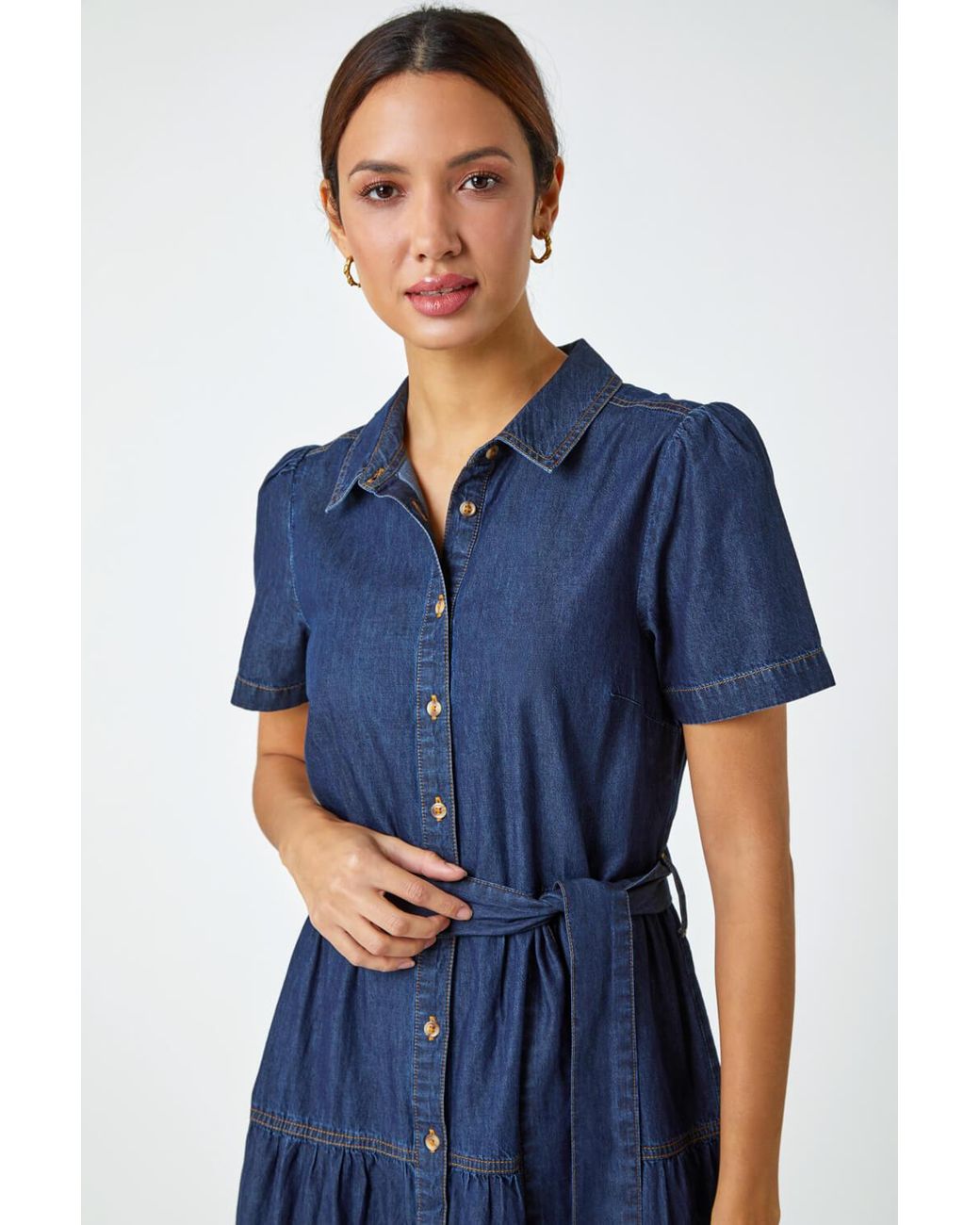 Roman Blue Denim Tiered Cotton Midi Dress