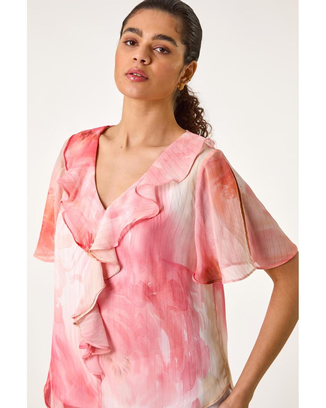 Roman Pink Floral Ruffle Front Top
