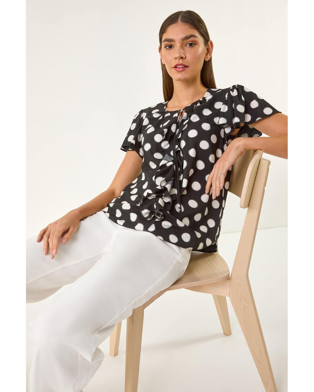 Roman Black Spot Print Ruffle Tie Front Top