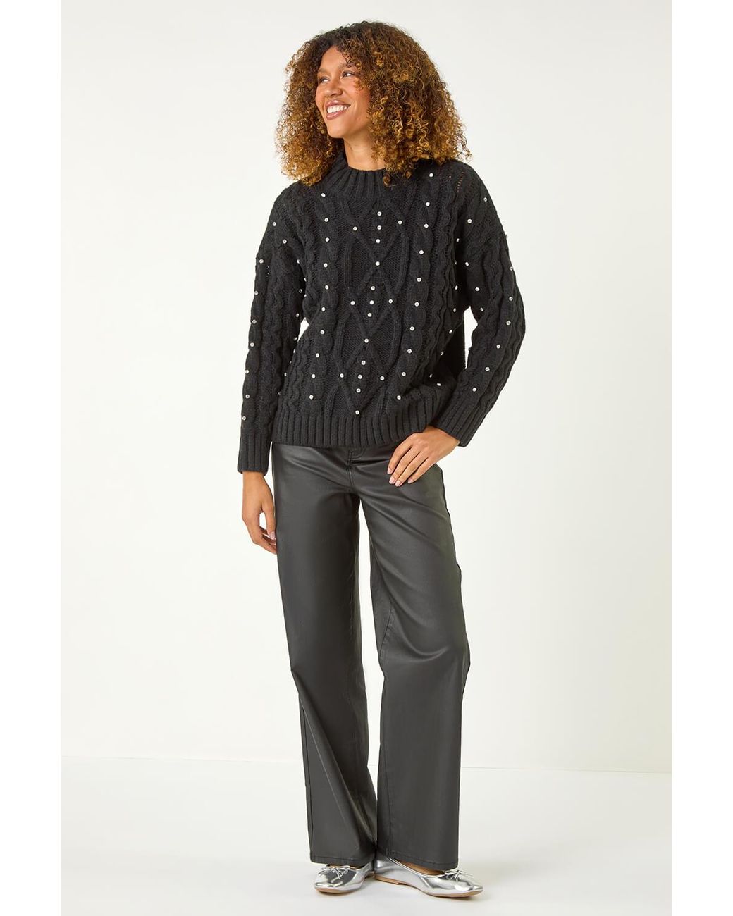 Roman Black Diamante Cable Knit Jumper