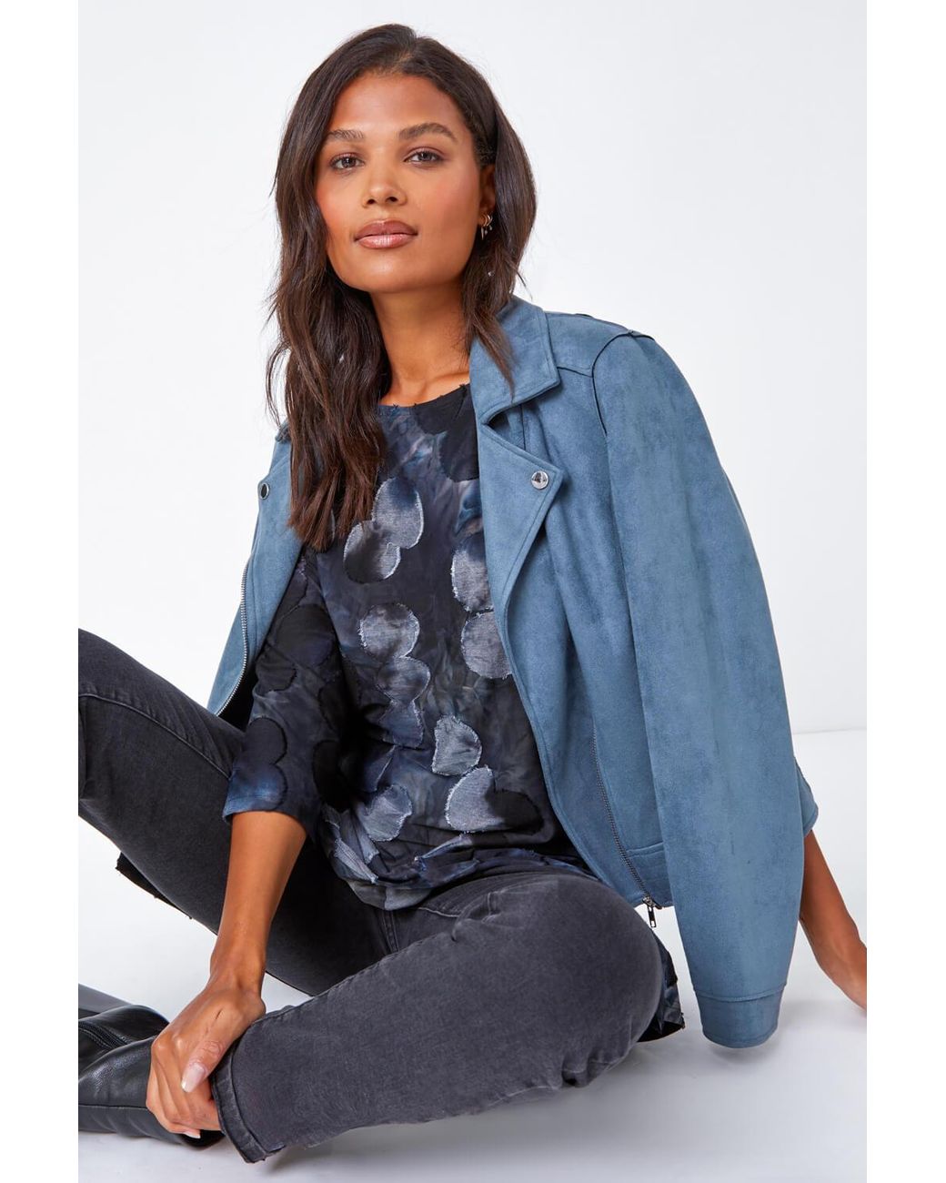 Lilly-and-Hope Blue Cotton Blend Spot Print Stretch Top