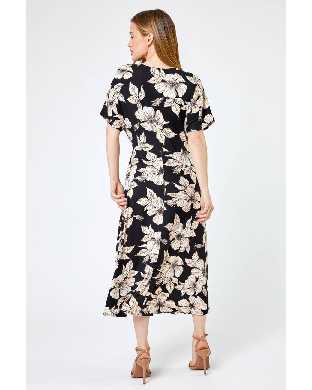 Roman Petite Black Floral Print Ruched Midi Dress