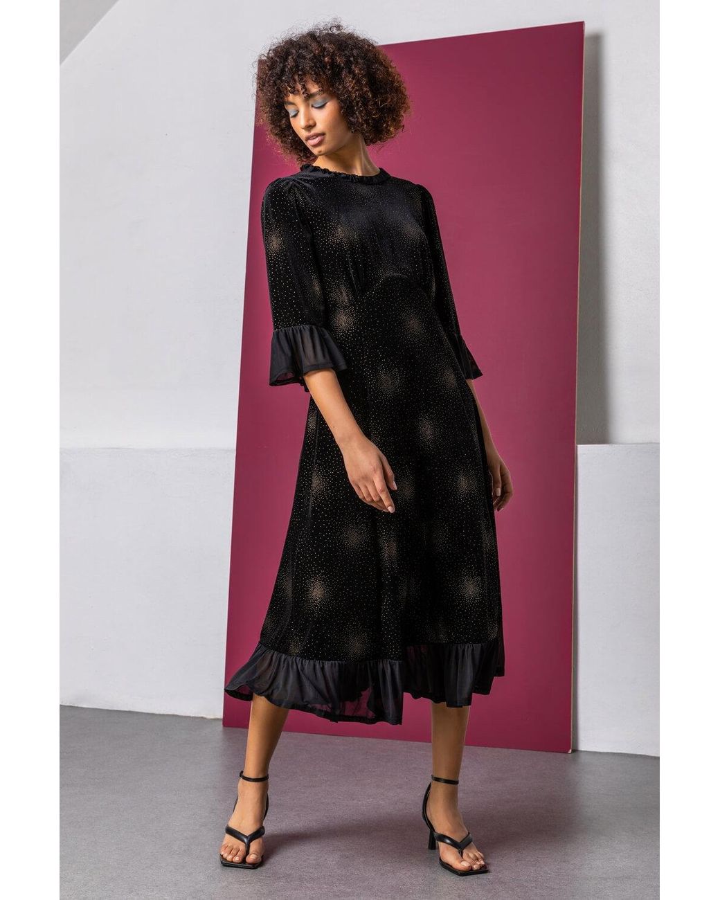 D.u.s.k Black Velvet Sparkle Frill Detail Dress