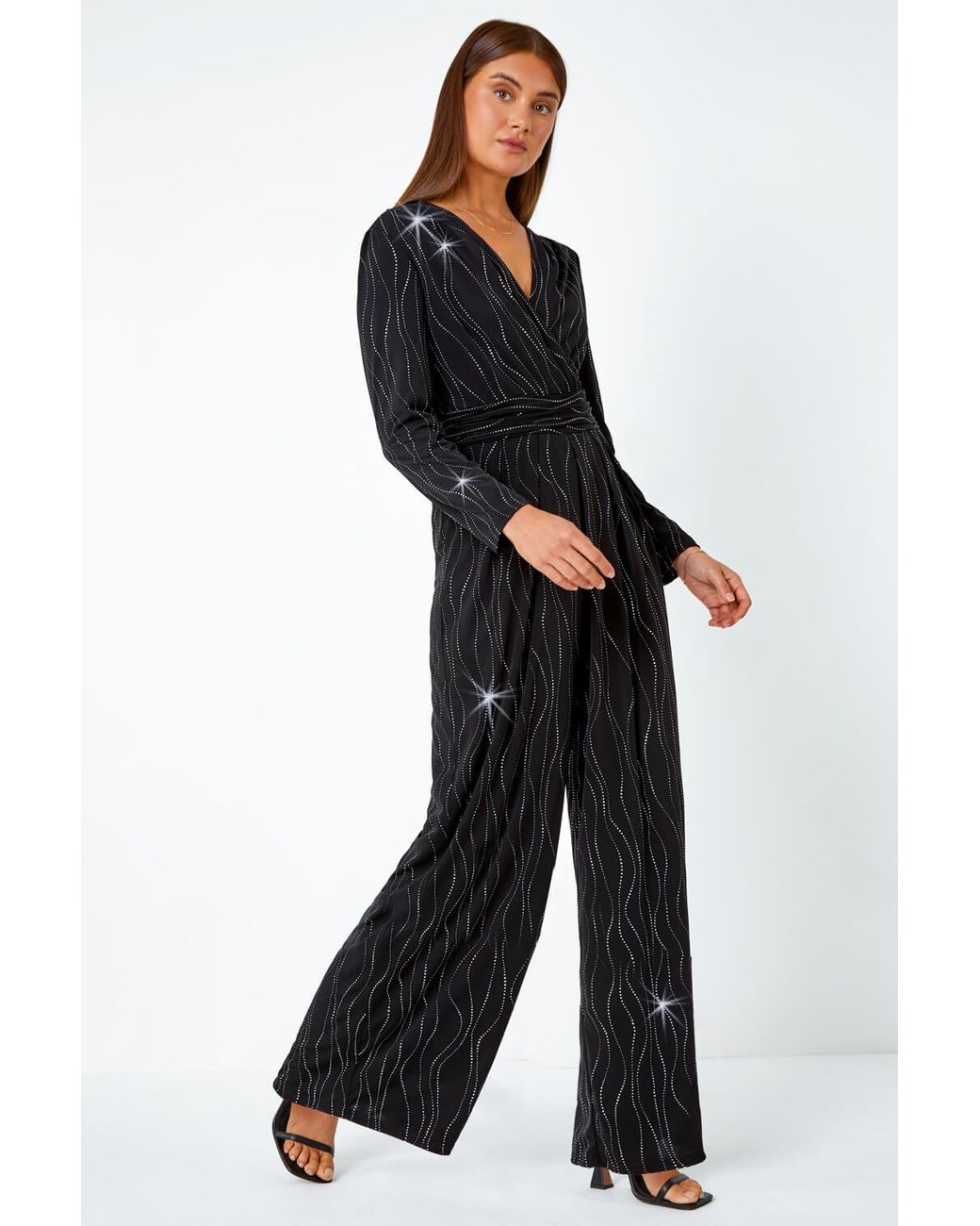 Roman Blue Embellished Wide Leg Stretch Jumpsuit