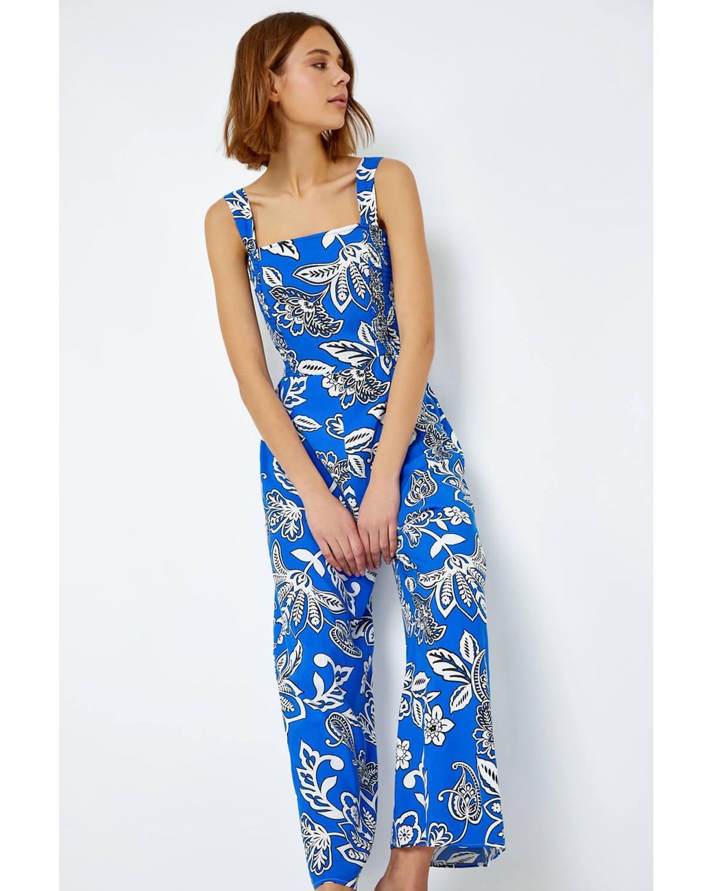 Roman Blue Floral Print Stretch Shirred Jumpsuit