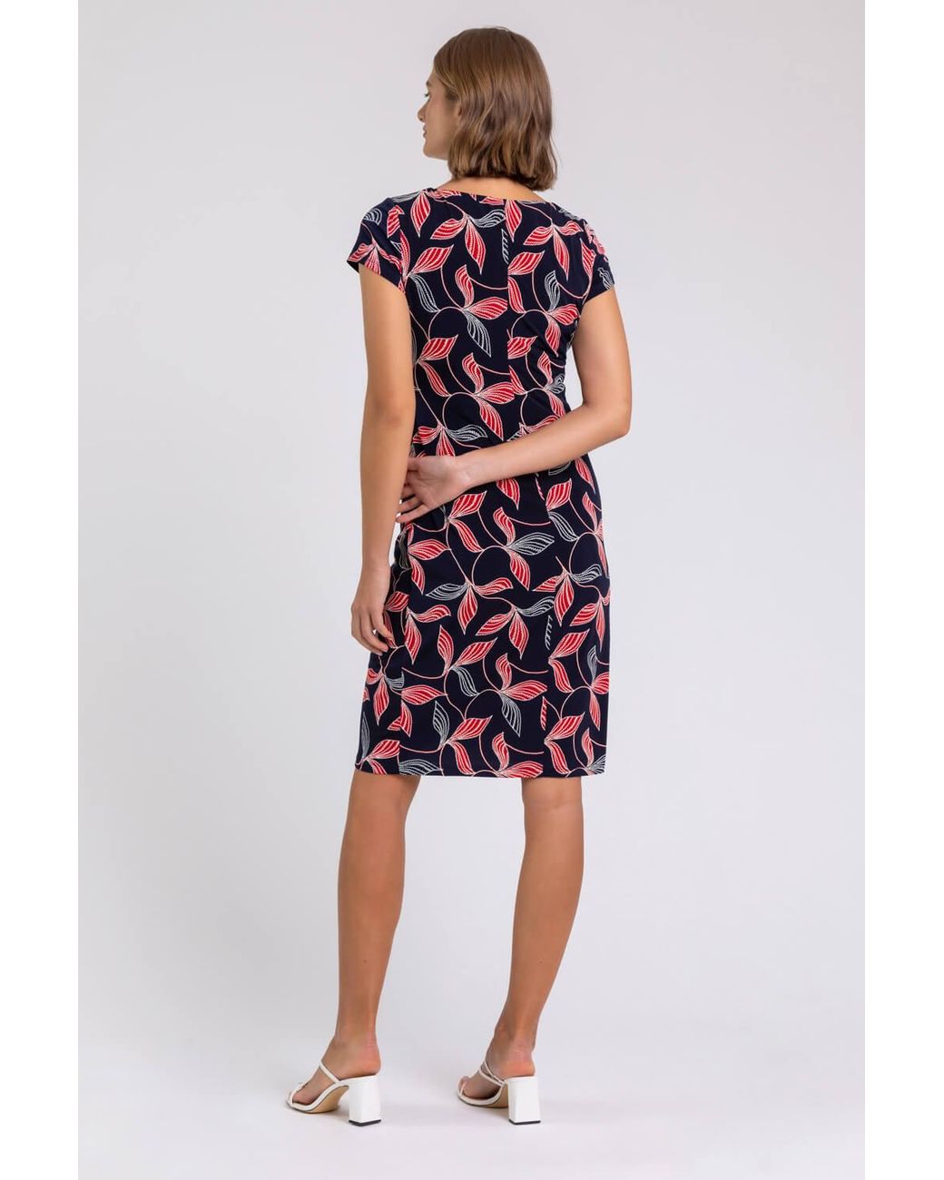 Roman Blue Floral Print Stretch Ruched Dress