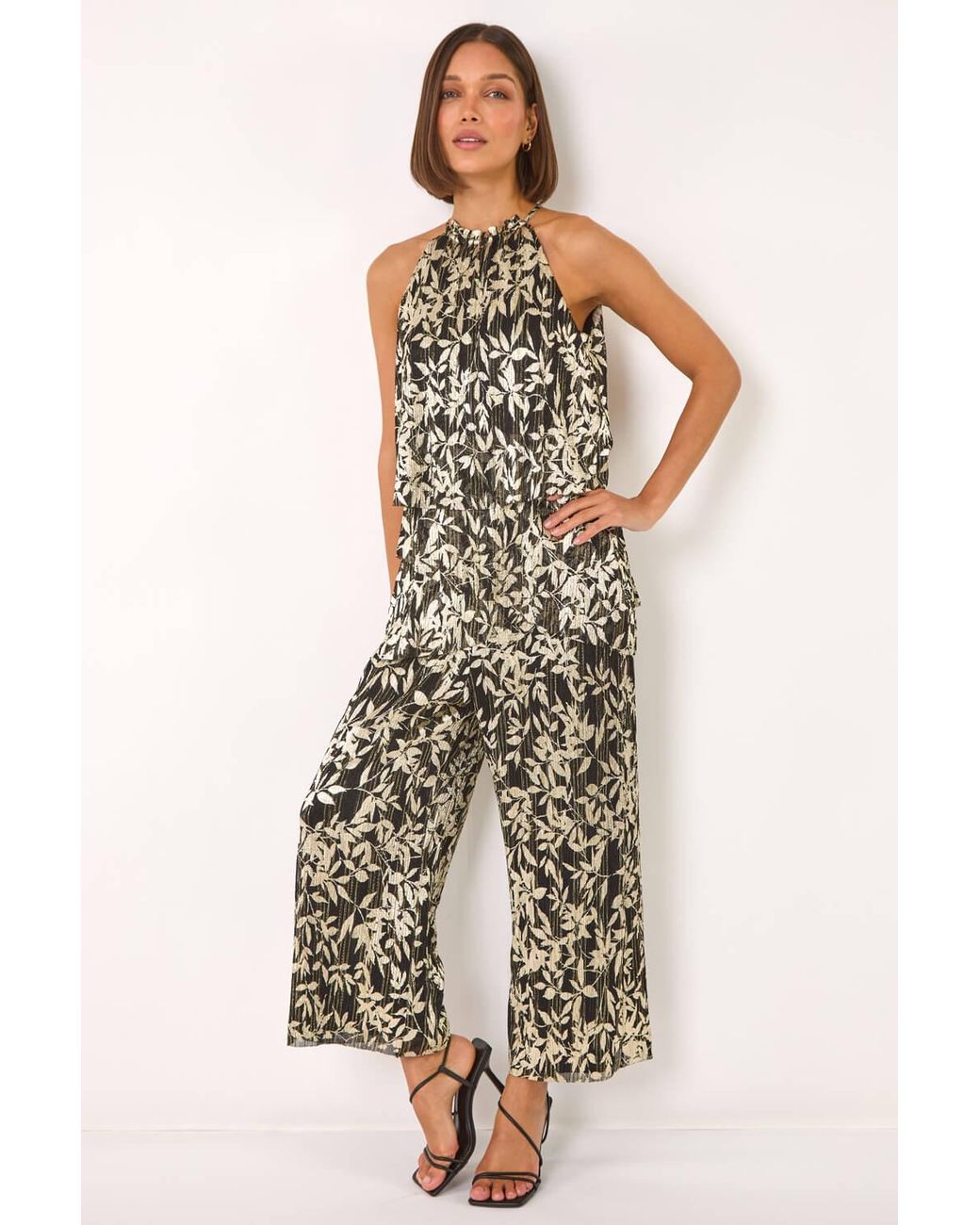 Roman White Abstract Foil Print Plisse Jumpsuit