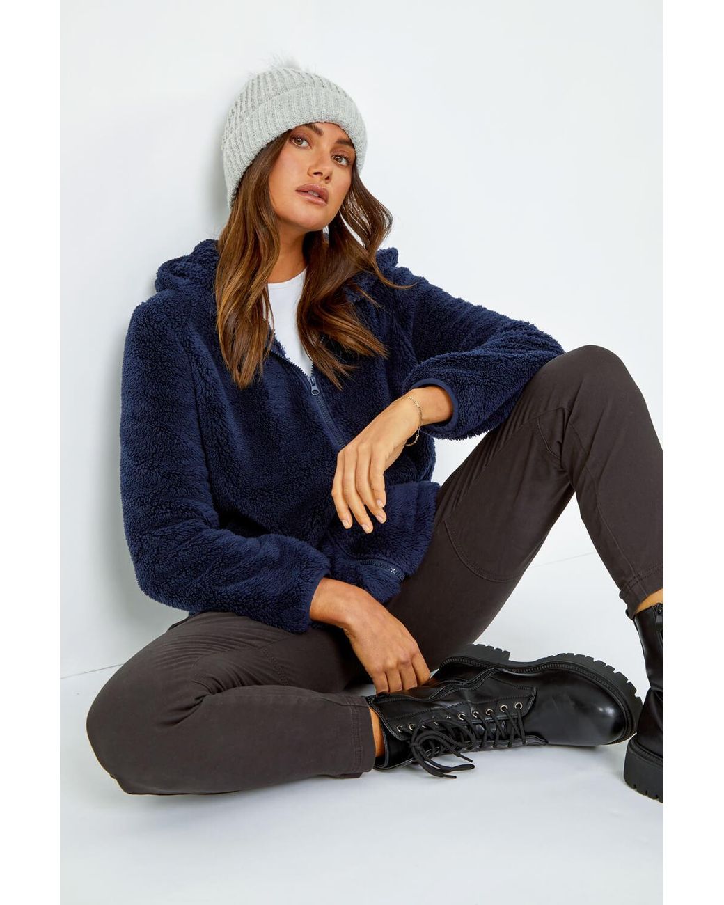 Roman Blue Hooded Sherpa Fleece Jacket