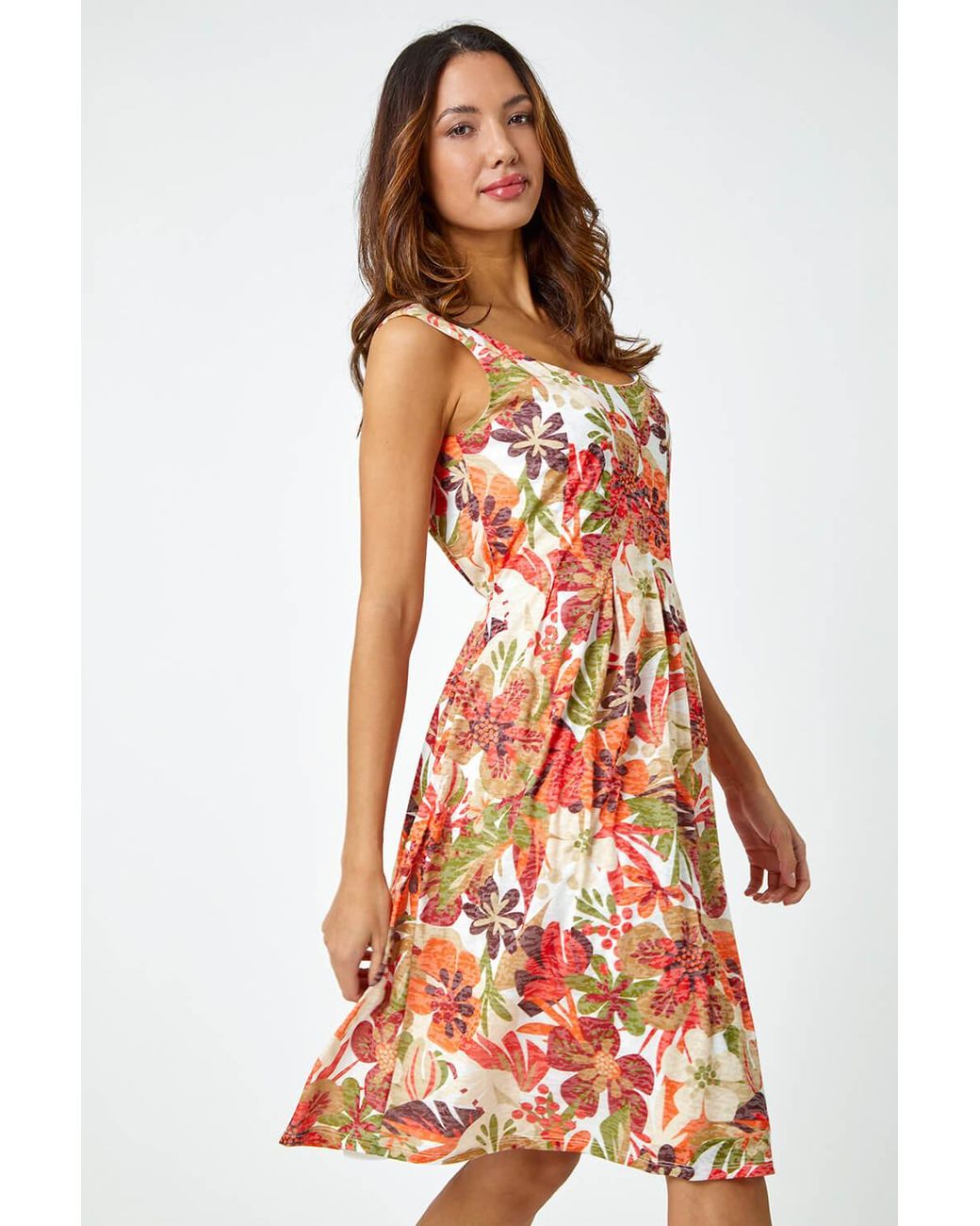 Roman Red Sleeveless Tropical Pleated Stretch Dress