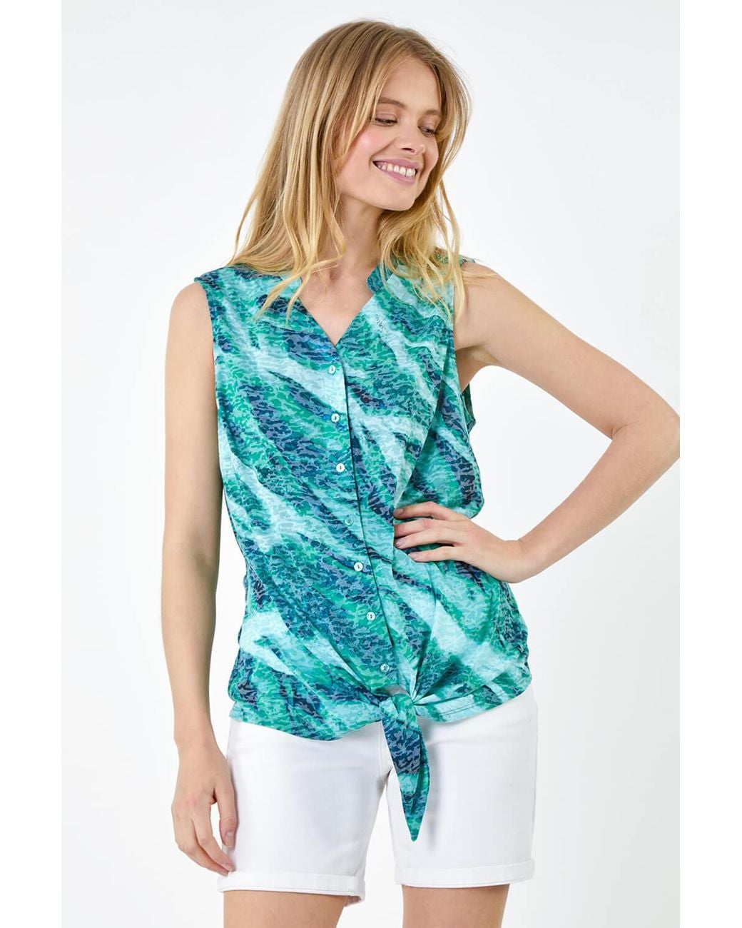 Roman Blue Wave Burnout Print V-Neck Stretch Tie Top