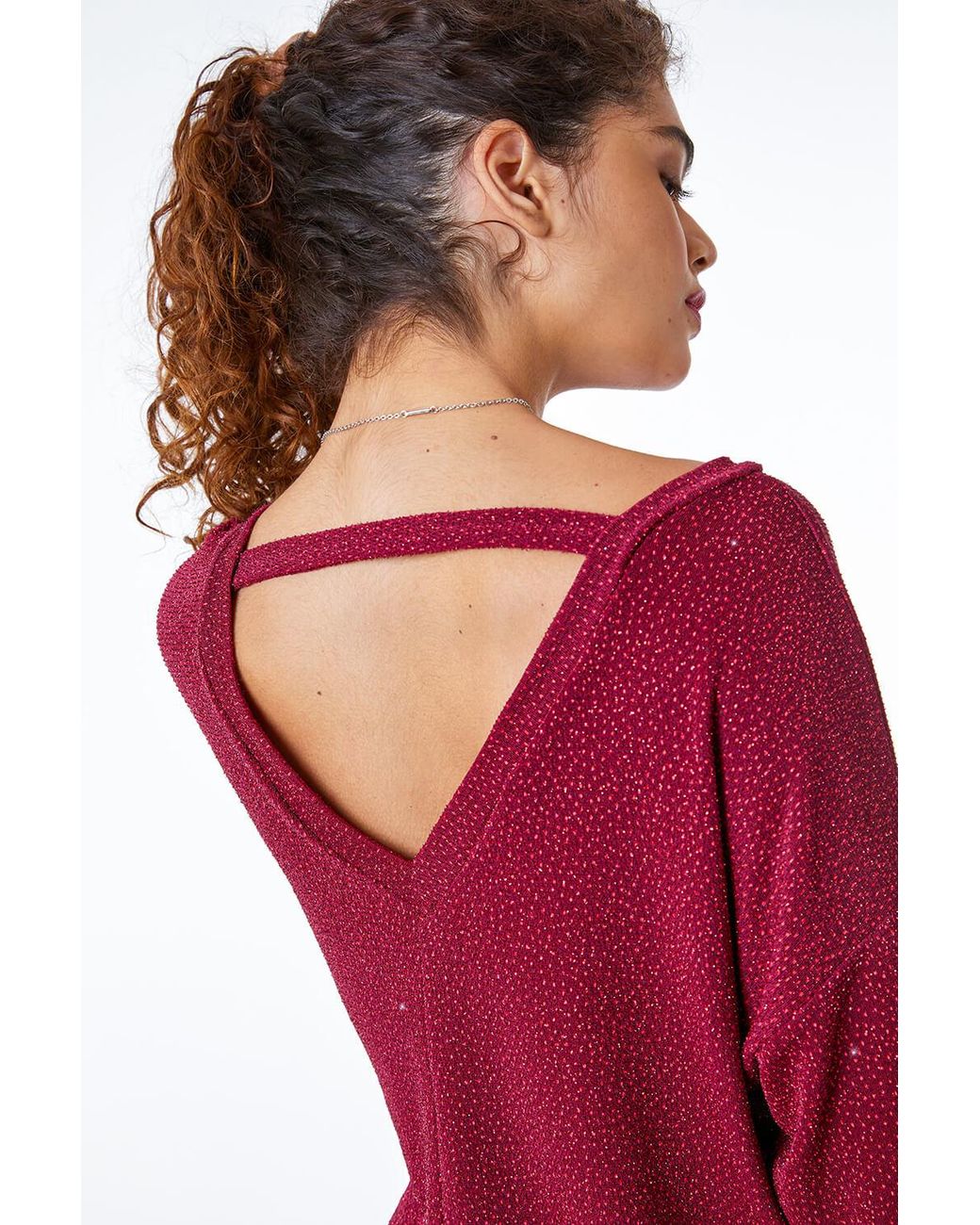 Roman Red Stretch Glitter Blouson Top