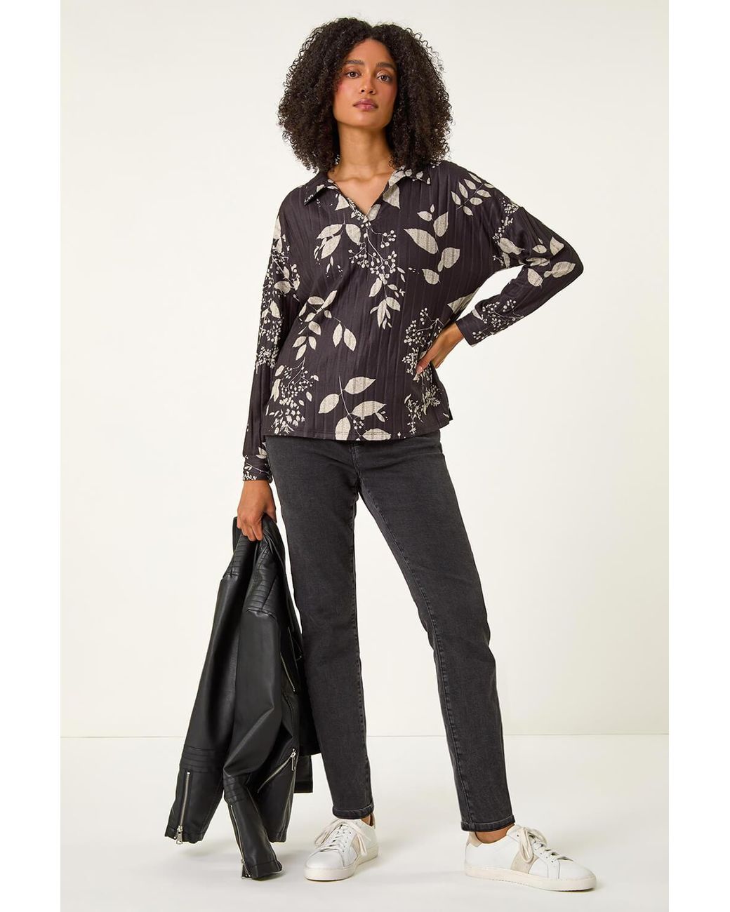Roman Gray Mono Floral Collared Top