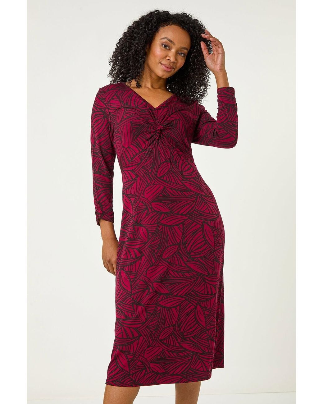 Roman Petite Red Leaf Print Twist Midi Dress