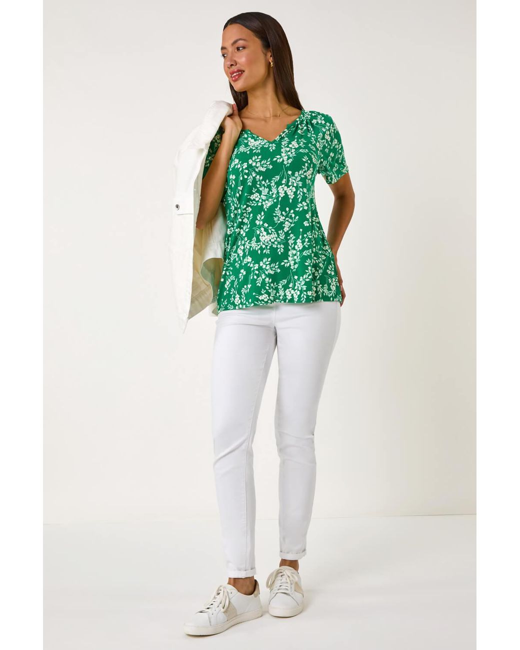 Roman Green Textured Ditsy Floral Print Stretch Top