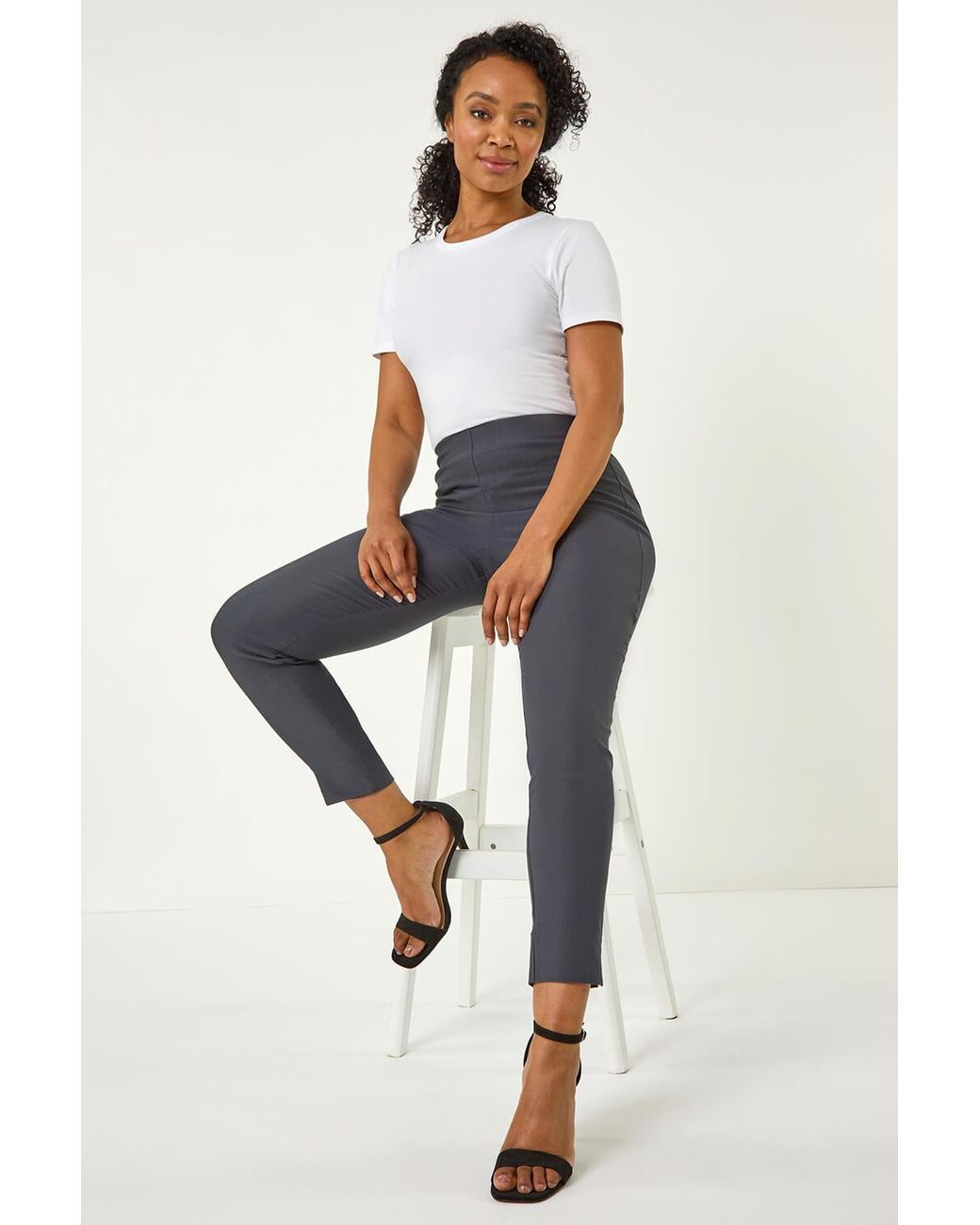 Roman Petite Gray Full Length Elastic Waist Trousers