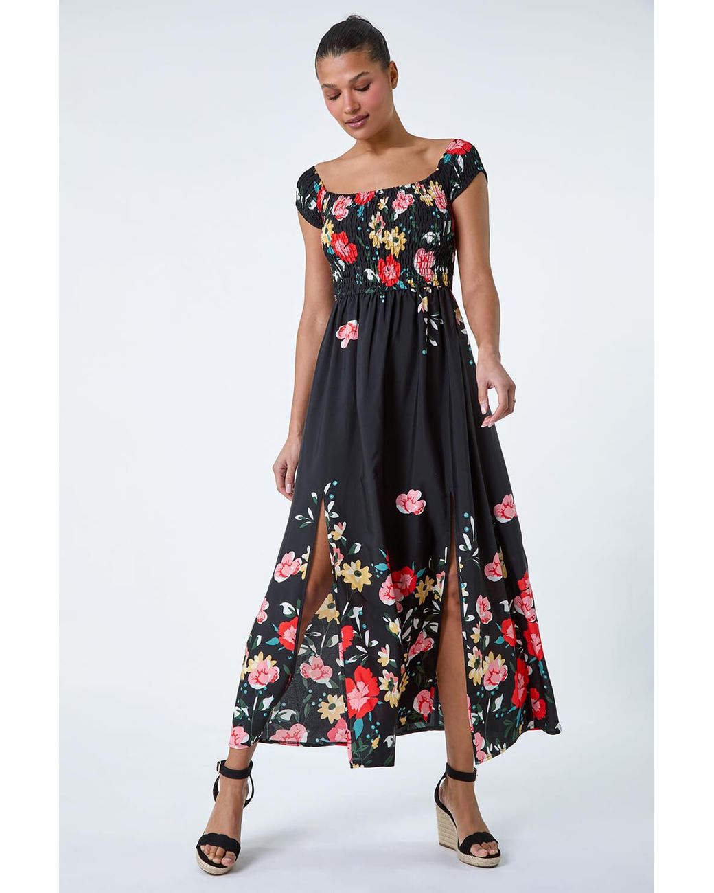 Roman White Floral Shirred Bardot Stretch Maxi Dress